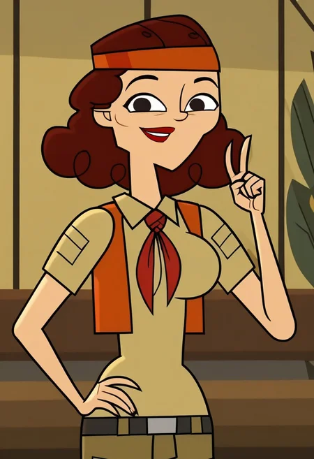 ((room background)),score_9, score_8_up, score_7_up,score_6_up,
1girl, solo, Lill_DC, light skin, dark brown eyes, dark red hair, shoulder-length hair, fluffy curly hair, orange headband, red lipstick, green beige explorer shirt, orange open waistcoat, red neckerchief, olive-green cargo shorts, black belt, long white socks, dark brown military boots, big eyes, cute, tall stature, social smile, perfect eyes, perfect smile, looking at the viewer, detailed eyes, perfect eyes, standing, big breasts (front pose, front view, bust shot) five fingers, perfect hands, (hand on hip, hand up)