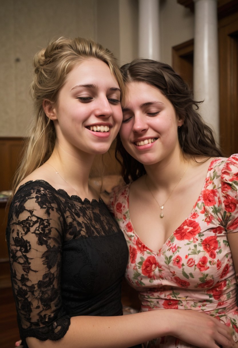 Wearing modern, floral dresses with sleeves. Darker lighting and atmosphere. Sensual and turned on by each other.  More drunk. One woman has large breasts.Hyper realistic. More drunk and wasted. Two Mormon sister missionaries getting drunk in their apartment after a long day proselyting. They are obviously visibly very intoxicated.  Leaning together lovingly. Very drunk eyes. Very drunk sultry eye contact. more drunk expression. Disheveled hair. (((Falling, tripping, staggering, dizzy, sleepy))). (((blackout drunk))).Realistic skin. Film grain. Typical lighting wearing a nice modern dress. (((20 year old Mormon Temple square sister  missionary))). Her hair is very disheveled. She drank a lot of tequila(((heavily lidded, drunk eyes))) incoherent, and completely hammered.
 (((incoherent, wasted))) very  drunk. realistic photo.{{{increasingly wasted}}} after having way too much to drink.  (((falling down))) drunken expression. cinematic lighting. (((Flirting))). Soft contented smile. She's completely wasted and wants to have sex tonight.