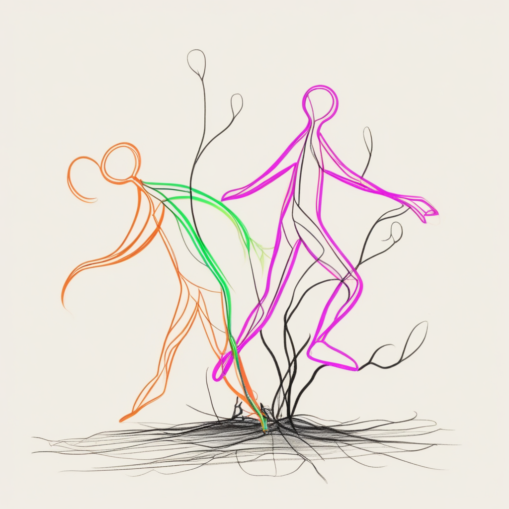 STICK FIGURE, NOVICE DRAWING, SINGLE COLOR STROKES, INK, OCCASIONAL NEON OUTLINES, PLANT, HARD TO TELL IF REAL OR NOT