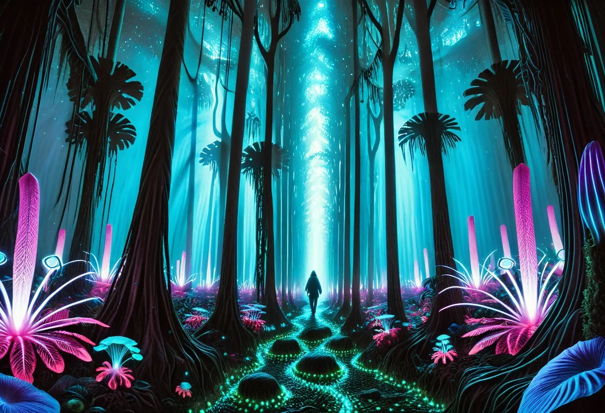 ((best quality, absurdres, newest)), dramatic light, (masterpiece, best quality, amazing quality),vivid colors,dramatic lighting,intricate details,action packed,detailed background, A surreal, otherworldly forest under a stormy violet night sky streaked with pale lightning. Towering, fluorescent mushrooms glow in eerie shades of crimson, magenta, and violet, their massive caps pulsing with alien light. Strange, barrel-bodied creatures resembling ancient Ediacaran lifeforms rise from the ground like sentient coral-polyp hybrids, emitting ghostly blue and pink bioluminescence from their undulating tendrils. Twisted, living trees with translucent membranes and feather-like appendages sway rhythmically, as if breathing. The dense jungle teems with bizarre, coiling vines and luminous spores suspended in the air. A lone, cloaked figure with a backpack walks along a glowing path, dwarfed by the surreal lifeforms towering over him — a dreamlike journey through a forgotten dimension, Tribrachidium – Radially symmetrical organism with a triradial (three-fold) symmetry; unique and unlike modern animals.