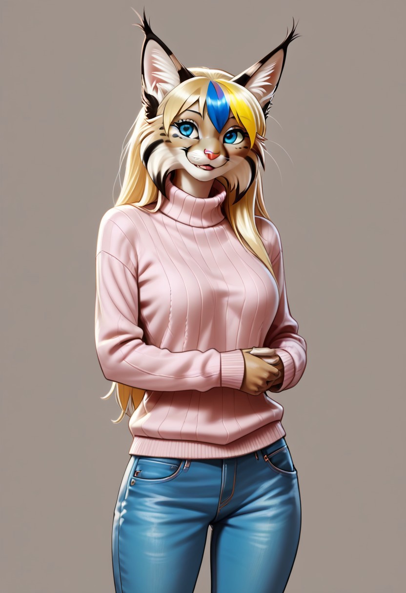digital_media_(artwork) hi_res, score_9, score_8_up, score_7_up, score_6_up, score_5_up, score_4_up, rating_safe, beautiful, anthro, furry, feline, female, detailed textured fur, fur tufts, fluffy, slim, slender, cute, sweater, baggy denim jeans, beautiful blue eyes, detailed eyes, smile, solo, SFW, lynx, long blonde hair, multicolored hair, streaked hair, absurdres, highres, by odisia,