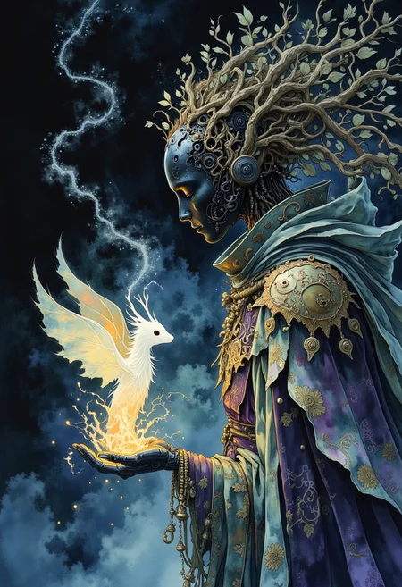 Studio Ghibli Dark Fairytale, Fantasy Illustration , intricate cyborg Portrait of a female Robotic entity with Long billowing Hair Made of leafs, black hollow eerie head, No Face, DARK moody, dfmstyle, A dark fantasy cyborg-knight conjuring a small ethereal dragon in his hand, tendrils of arcane energy swirling around them. His flowing high collar cloak billows in the unseen wind, charged with magical power. The dragon, shimmering with ghostly light, takes form from crackling amber and violet/Yellow energy, its delicate wings unfurling as it gazes at its master. Shadows dance around the sorcerer’s intricate robes, adorned with ancient runes that glow faintly in the dim light. The atmosphere is moody and mysterious, with swirling mist and floating embers adding to the dark fantasy ambiance. Ultra-detailed, cinematic lighting, high-resolution.