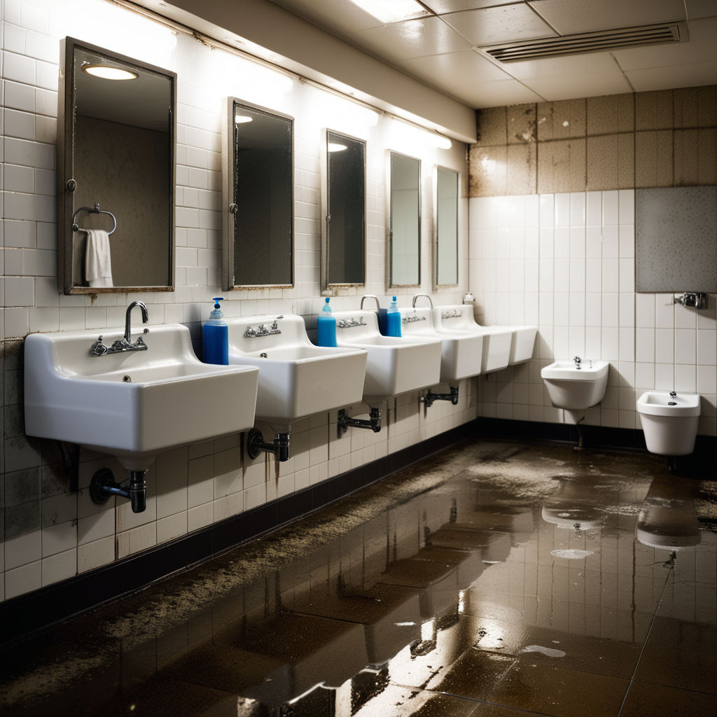 The interior of a public restroom with a utilitarian and slightly neglected design. The walls are covered in plain, slightly stained white tiles, some of which are cracked or chipped. The floor consists of large, dull gray tiles with faint scuff marks and small puddles of water near the sinks. On one side of the room, a row of metal bathroom stalls with scratched doors and faded paint lines the wall. On the opposite wall, a series of wall-mounted urinals made of white ceramic are spaced evenly, each with a metallic flush handle above. Some urinals have faint stains and water streaks, with one having a small puddle beneath it. A row of sinks with old, slightly rusted faucets sits beneath a large, streaked mirror that has smudges and water spots. Above, fluorescent tube lights buzz faintly, casting a cold, sterile glow over the space. A faint smell of cleaning chemicals lingers in the air, mixed with the dampness of the room. A hand dryer is mounted on the wall near the entrance, and a trash bin overflowing with crumpled paper towels stands nearby. The atmosphere feels functional but slightly neglected, emphasizing its everyday use.
<lora:SDXLFaeTastic2400:0.4> <lora:extremely_detailed:0.4> extremely detailed, Masterpiece,best quality,hi res,8k,hi res,8k,award winning,(sharp focus, intricate, highly detailed),