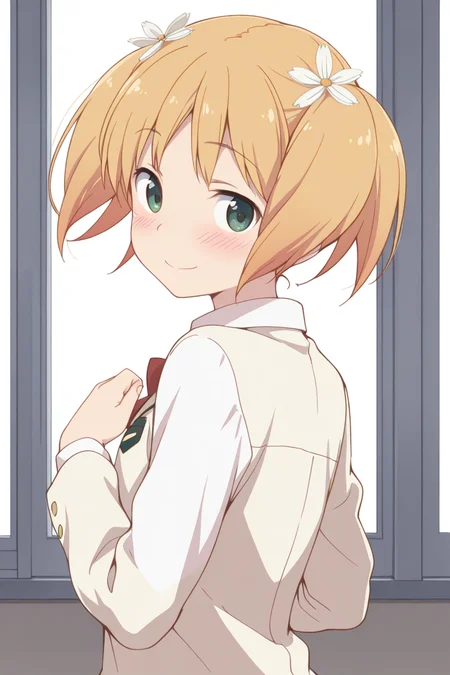 masterpiece, best quality, amazing quality,
<lora:Yuu_IL:1> yuu, 1girl, solo, hair flower, flower, hair ornament, twintails, green eyes, blonde hair, smile, looking back, school uniform, blush, short hair, looking at viewer