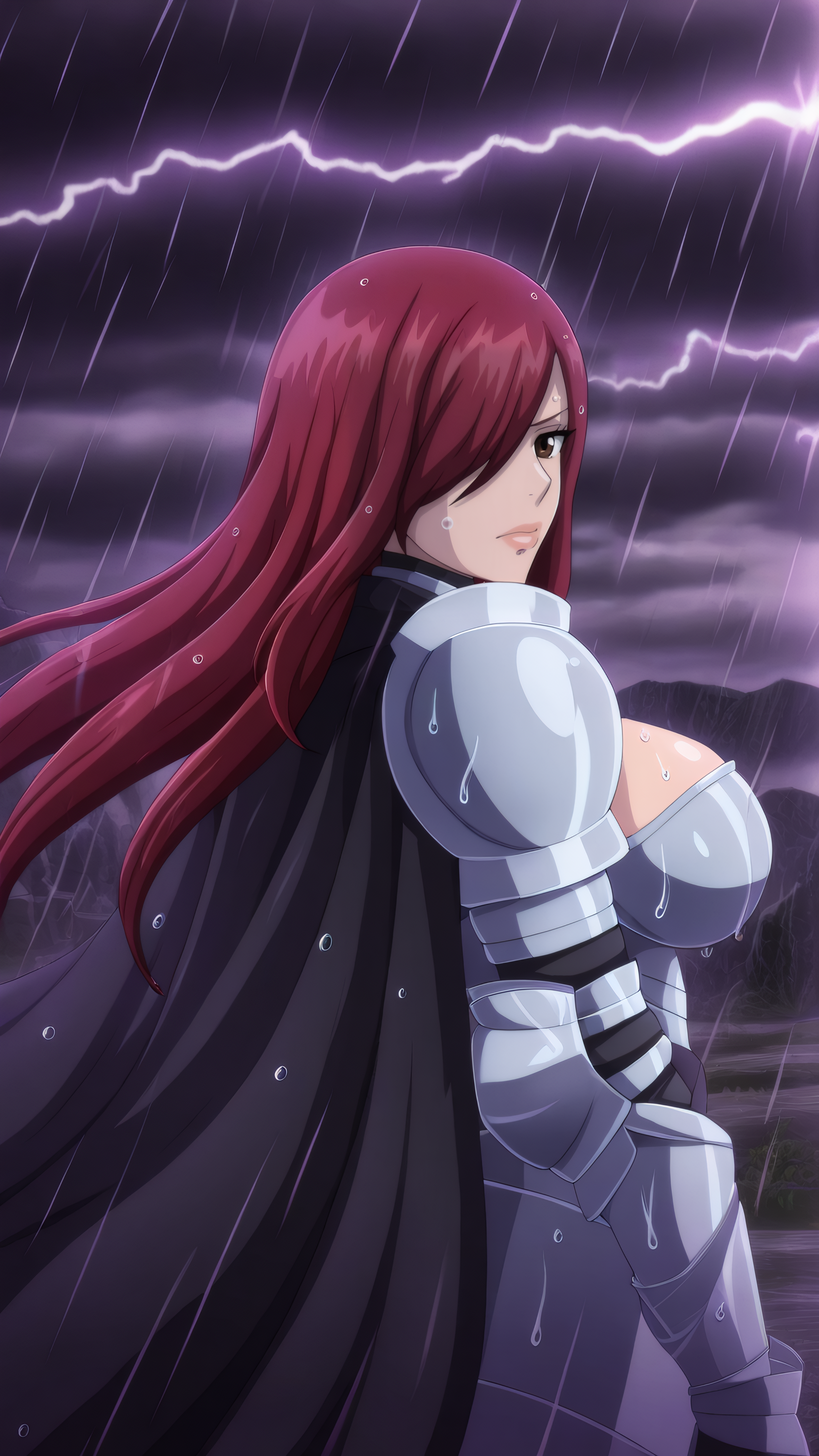 masterpiece, best quality, very aesthetic, absurdres, BREAK, 1girl, looking over shoulder, cowboy shot,  from behind, over the shoulder, 
<lora:Heart_Kreuz_AltVer_Illu_Dwnsty:1>, erz_heartk alt, brown eyes, red hair, long hair, hair over one eye, armored dress, gauntlets, shoulder armor, (black cape,) pauldrons, capelet, 
large breasts, lips, skindentation, serious, bored, wet skin, water drop, 
rain, cloudy sky, storm, wind, lightning, pathway, scenere, clouds, hill, dark theme, moonlight, vivid lightning