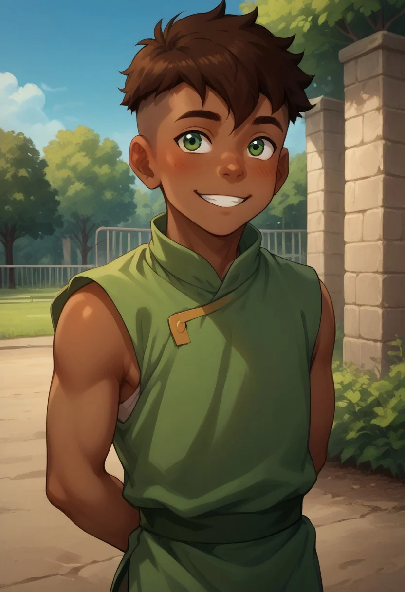 score_9, score_8_up, score_7_up, source_anime, male, Shy walking, looking away from viewer, hands behind back, hands, happy, smiling, (Kai, Brown Hair, Undercut, Green Eyes, Brown Skin),(Prison Tunic, sleeveless), detailed face, petite body, five fingers on each hand, park background, trees, blue sky,