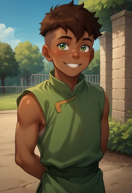 score_9, score_8_up, score_7_up, source_anime, male, Shy walking, looking away from viewer, hands behind back, hands, happy, smiling, (Kai, Brown Hair, Undercut, Green Eyes, Brown Skin),(Prison Tunic, sleeveless), detailed face, petite body, five fingers on each hand, park background, trees, blue sky,