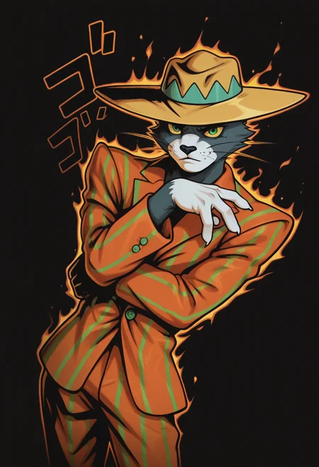 masterpiece, best quality, Graphic Design, color art, vibrant colors, colorful, intricate details, high contrast, detailed background, beautiful detailed, beautiful face, detailed eyes, detailed face, new, newest, z00tt0m, 1boy, solo, male focus, furry, cat, yellow sclera, green eyes, grey fur, whiskers, hat, formal, suit, striped jacket, striped pants, simple background, black background, cowboy shot, dutch angle, dynamic pose, jojo pose, orange aura, menacing,