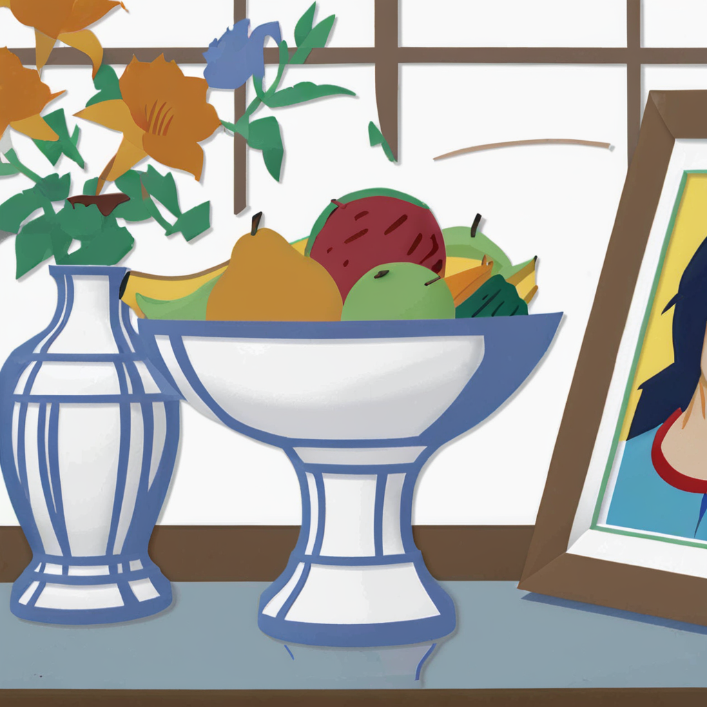 <lora:w3ss:0.9>w3ss still life, picture frame, fruit bowl, flowers in vase,