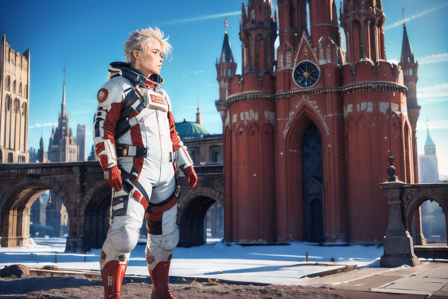 (Realistic:1.5) SyFyEye1, city, standing, spacesuit, boots, white hair, standing, castle, star (symbol), red theme, sky,  <lora:SyFyEye1_v2.0:0.8>
