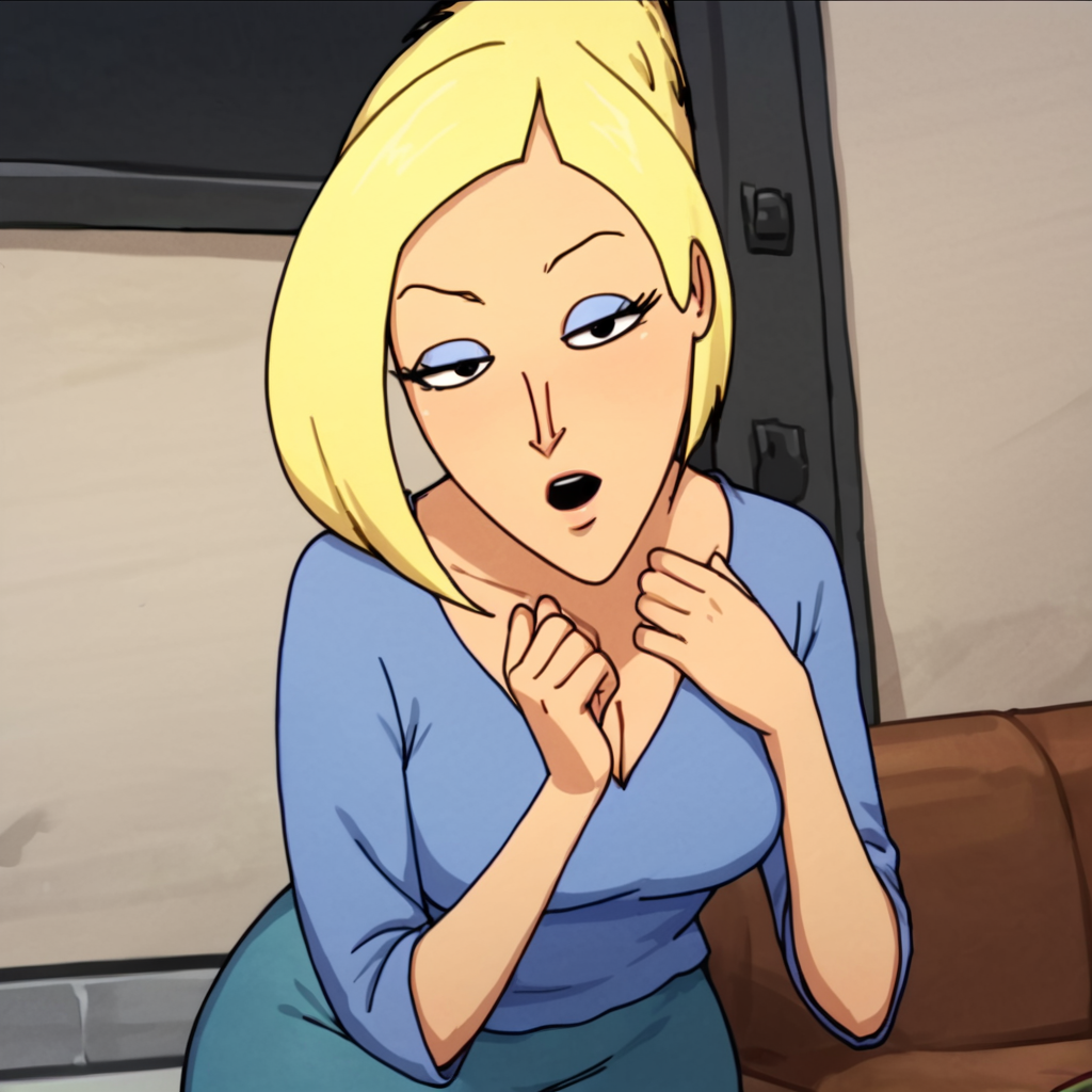 score_9, score_8_up, score_7_up, 1girl, style parody, Fiona, blonde hair, short hair, black eyes, eyeshadow, medium breasts, wide hips, thick thighs, huge ass, looking at viewer, highres, high quality, masterpiece, <lora:Fiona:1>