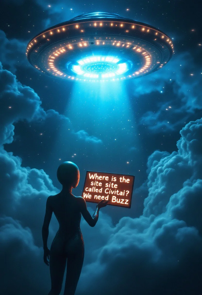Alien descending for a spaceship, the sky is very illuminated, cloudy violently moving, the UFO is full of lights but she, the alien, comes towards the viewer holding a led sign written "Where is the site called Civitai? We need Buzz"