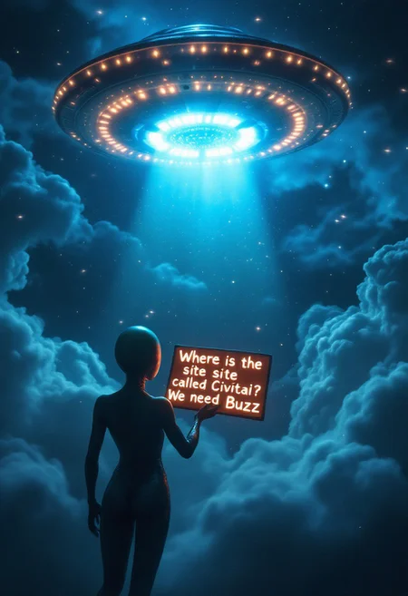 Alien descending for a spaceship, the sky is very illuminated, cloudy violently moving, the UFO is full of lights but she, the alien, comes towards the viewer holding a led sign written "Where is the site called Civitai? We need Buzz"