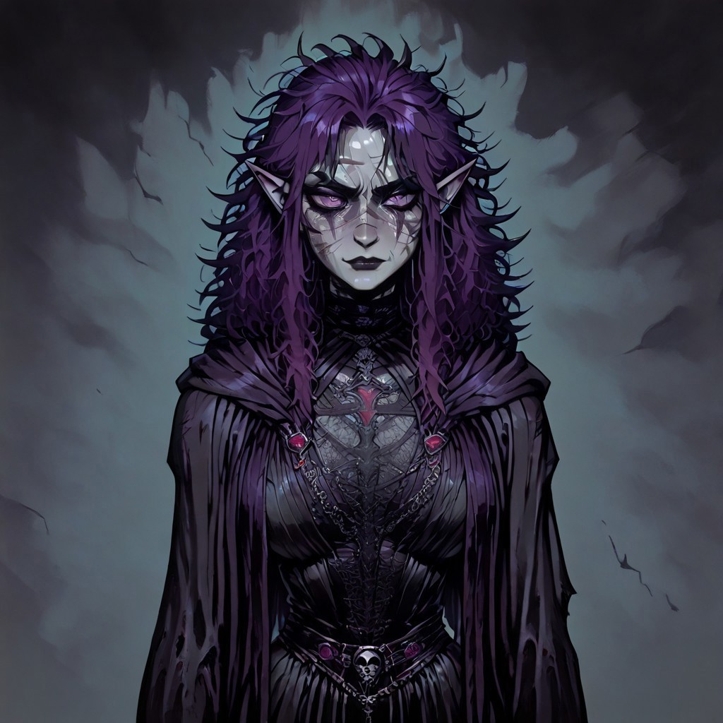 masterpiece, best quality, newest, absurdres, highres, 
INFMixV1.0, solo, solo focus,
ERIDV1.0, 1girl, goth, gothic, goth fashion, elf, coreset, messy hair, scar, scars, scar on face, fantasy, Purple hair, robe, cape, Purple eyes, grey skin, colored skin, grey colored skin,