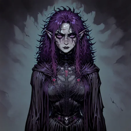 masterpiece, best quality, newest, absurdres, highres,
INFMixV1.0, solo, solo focus,
ERIDV1.0, 1girl, goth, gothic, goth fashion, elf, coreset, messy hair, scar, scars, scar on face, fantasy, Purple hair, robe, cape, Purple eyes, grey skin, colored skin, grey colored skin,
