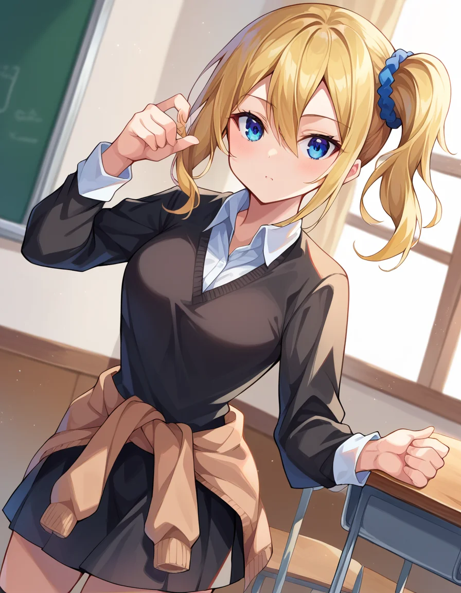 score_9, score_8_up, score_7_up, source_anime,
aihayasaka, <lora:ai-hayasaka-ponyxl-lora-nochekaiser:1>,
ai hayasaka, bangs, blue eyes, blonde hair, hair ornament, hair between eyes, sidelocks, side ponytail, scrunchie, hair scrunchie, blue scrunchie,
shirt, long sleeves, school uniform, shoes, socks, sweater, cardigan, black socks, clothes around waist, shuuchiin academy school uniform, sweater around waist, cardigan around waist,
indoors, classroom,
looking at viewer, cowboy shot, dutch angle, dynamic pose,