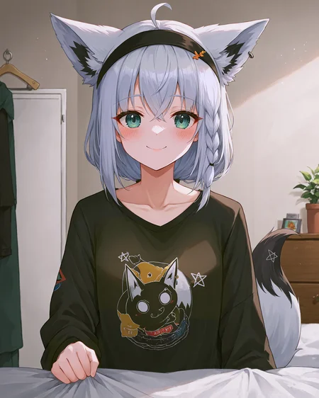 <lora:HOLOLIVE_Fubuki_XL:0.8> fubuki, 1girl, white hair, single side braid, ahoge, piercing,( fox tail:1.2), pentagram, fubukirelax, sidelocks, black t-shirt, black hairband, no pants, black jacket, open jacket, white hair, ahoge, piercing,( upper body:1.2), smile,( blush:1.2), closed mouth,, <lora:9_Detail_Tweaker_XL:0.8>, score_9, score_8_up, score_7_up, source_anime, masterpiece, best quality, highly detailed background, cinematic lighting, detailed eyes, perfect face,, lazy, teenager room, messy, bedroom, bed sheet, closet,