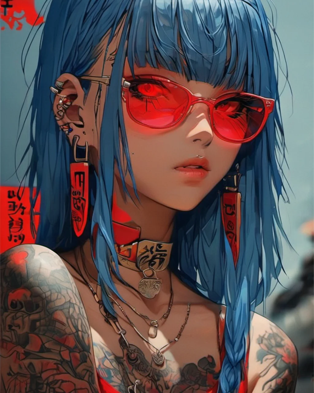 <lora:Poster_XL:1>,
1girl, arm tattoo, bangs, black hair, blue hair, closed mouth, dark skin, half-closed eyes, jewelry, lips, long hair, looking at viewer, necklace, red eyes, red-tinted eyewear, solo
