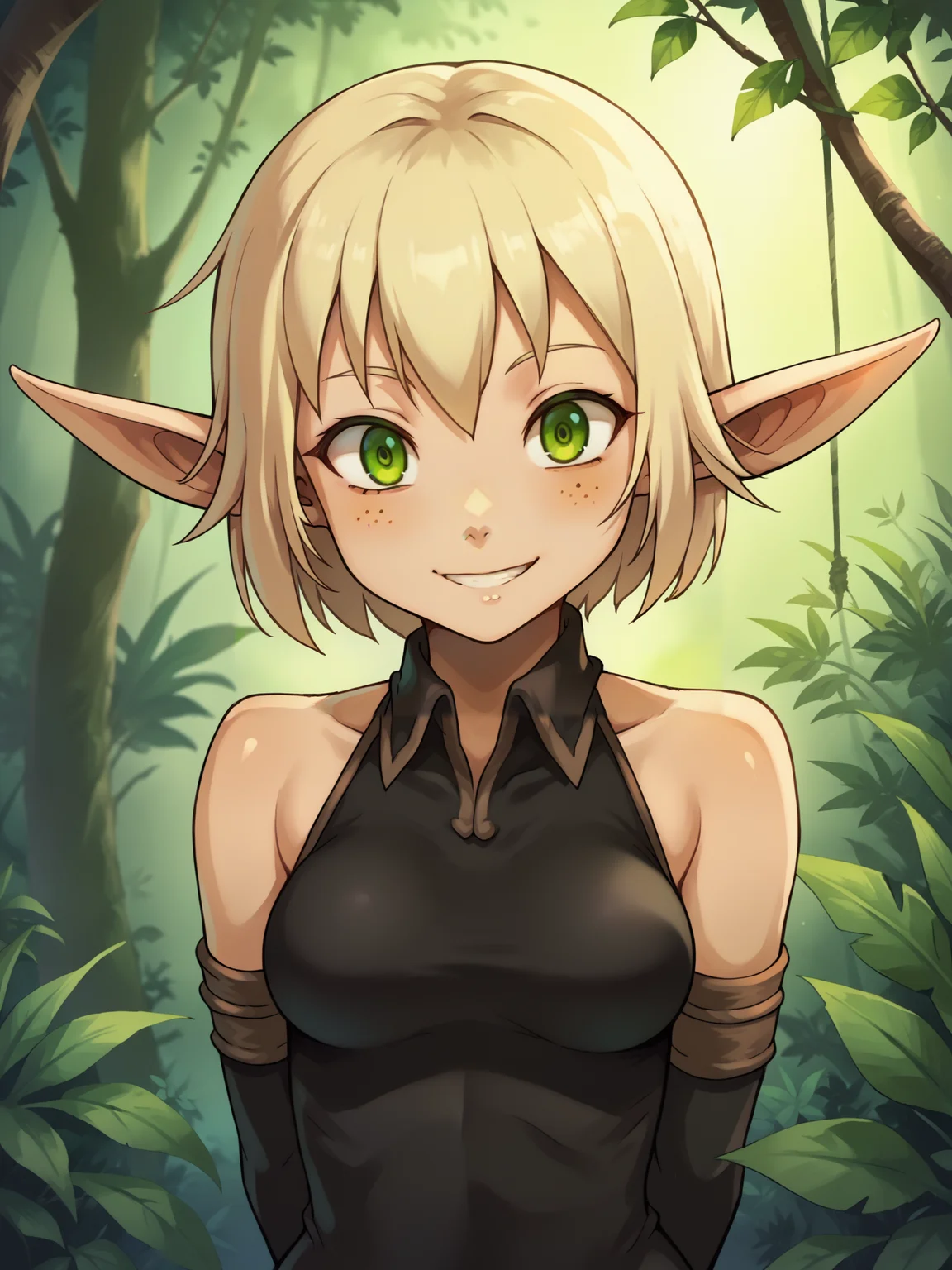 score_9, score_8_up, score_7_up, score_6_up, score_5_up, score_4_up, BREAK, source_cartoon, source_anime, 1girl, evangelyneold, blonde hair, short hair, green eyes, pointy ears, elf, black fingerless elbow gloves, bare shoulders, bodysuit, smile,arms behind back, upper body, solo, looking at viewer, trees, jungle background <lora:EvangelyneXL:1>