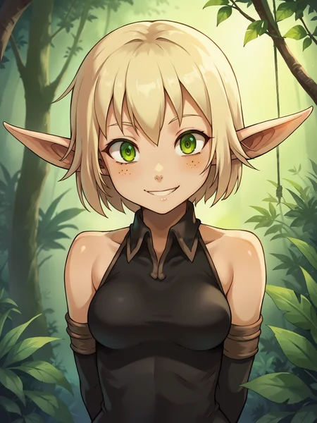 score_9, score_8_up, score_7_up, score_6_up, score_5_up, score_4_up, BREAK, source_cartoon, source_anime, 1girl, evangelyneold, blonde hair, short hair, green eyes, pointy ears, elf, black fingerless elbow gloves, bare shoulders, bodysuit, smile,arms behind back, upper body, solo, looking at viewer, trees, jungle background <lora:EvangelyneXL:1>