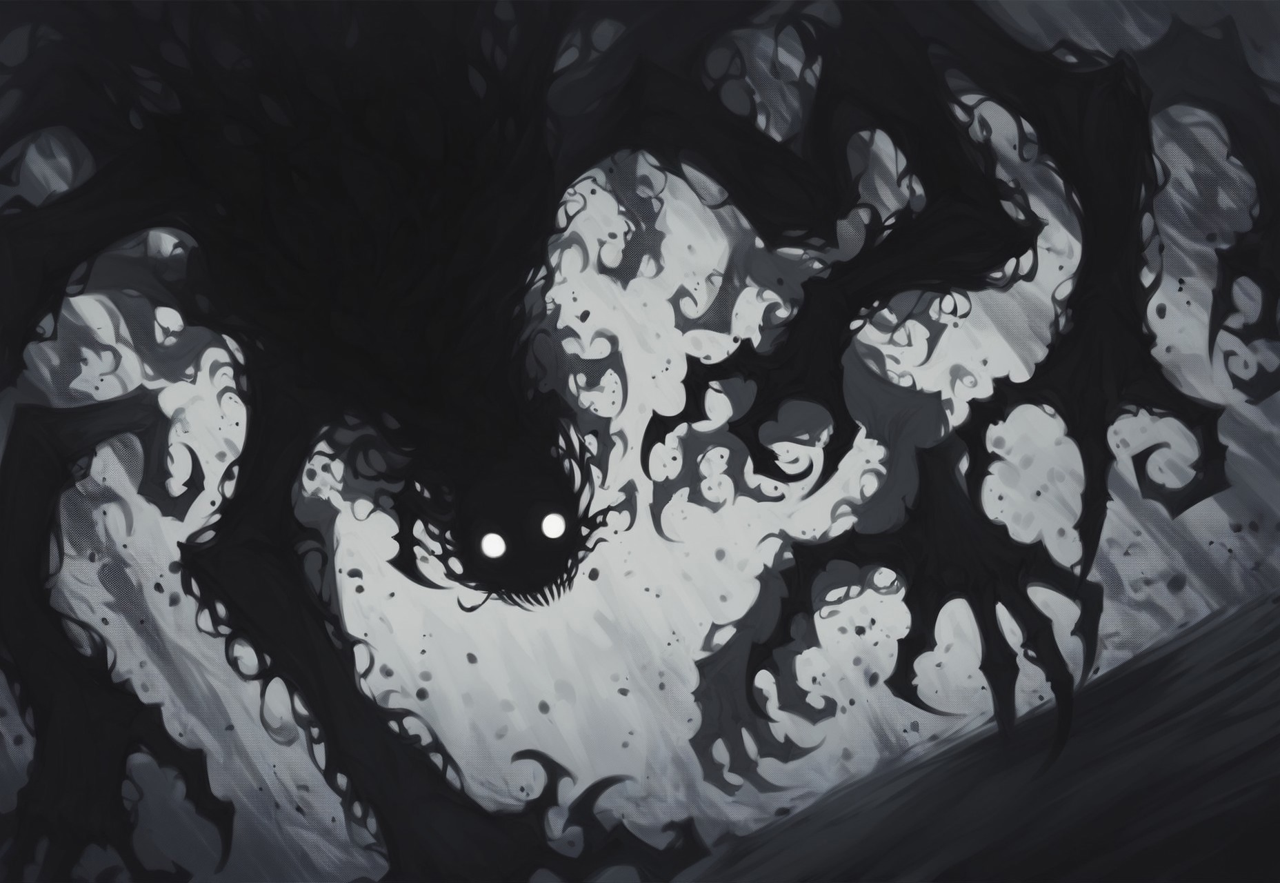 safe_pos, score_9, score_8_up, score_8, shadow creature, multiple limbs, inhuman shape, horror, claws, shrouded in black mist, dark colors, night, abstract, abstract background, particles, many hollow white eyes, no mouth