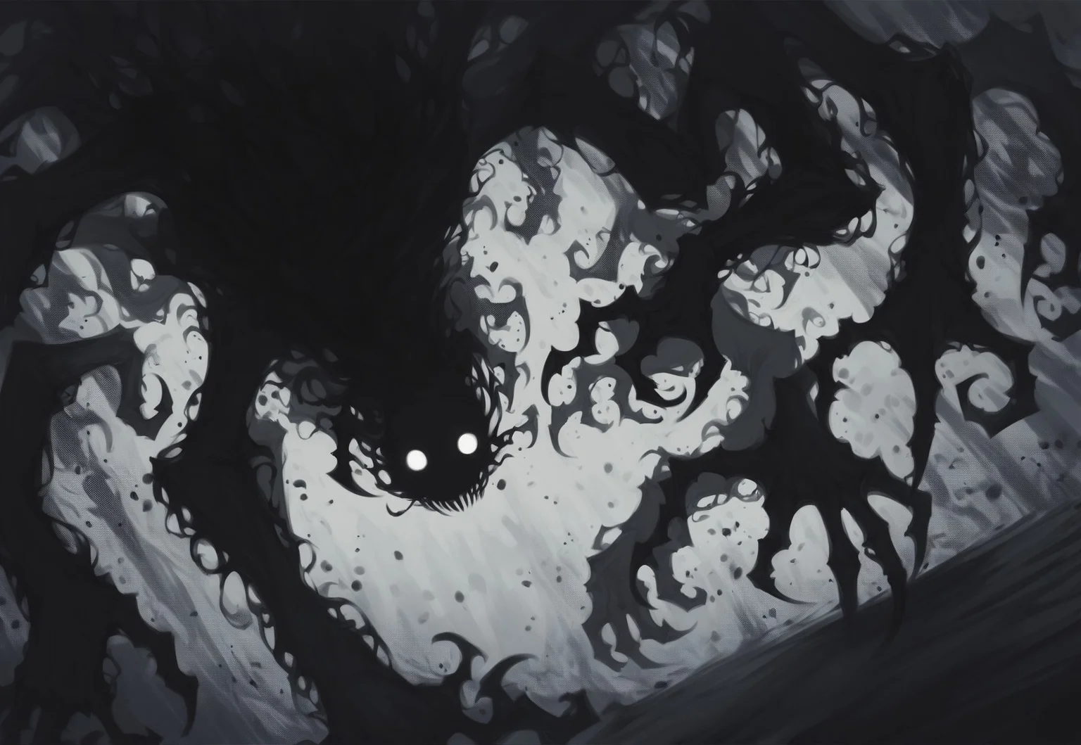 safe_pos, score_9, score_8_up, score_8, shadow creature, multiple limbs, inhuman shape, horror, claws, shrouded in black mist, dark colors, night, abstract, abstract background, particles, many hollow white eyes, no mouth