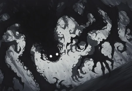 safe_pos, score_9, score_8_up, score_8, shadow creature, multiple limbs, inhuman shape, horror, claws, shrouded in black mist, dark colors, night, abstract, abstract background, particles, many hollow white eyes, no mouth