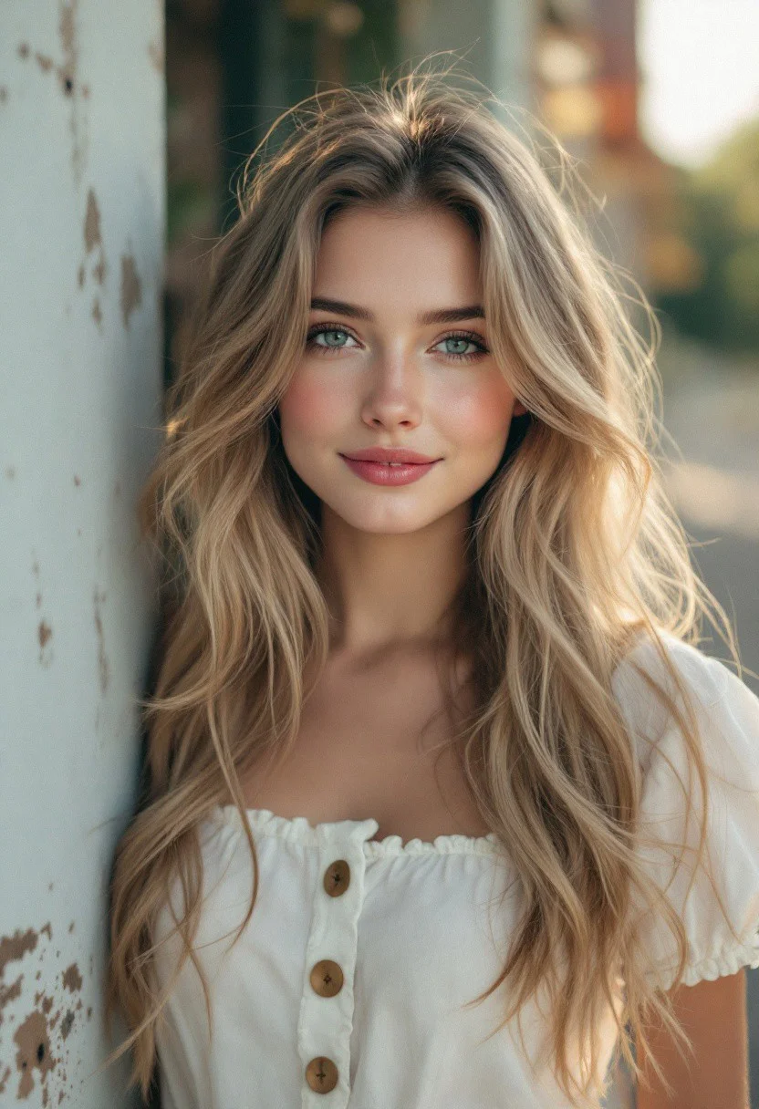 RAW photo, 8K, captured with a Sony A1 and lens Sony FE 85mm f/1.4 GM, ISO 100, excellent dynamic range, masterpiece, excellent quality, ultra detailed, subtle lighting, soft focus, detailed shadows, detailed reflections, scenic beauty, summer, long soft neat hair, soft smile, neat clothes, cute Slavic woman