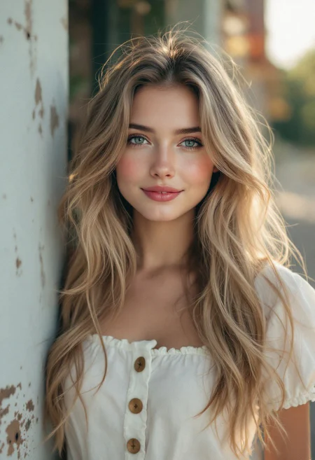 RAW photo, 8K, captured with a Sony A1 and lens Sony FE 85mm f/1.4 GM, ISO 100, excellent dynamic range, masterpiece, excellent quality, ultra detailed, subtle lighting, soft focus, detailed shadows, detailed reflections, scenic beauty, summer, long soft neat hair, soft smile, neat clothes, cute Slavic woman