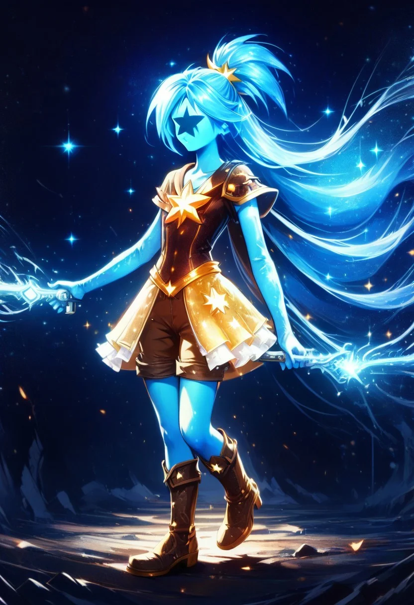 score_9, score_8_up, score_8, 
1girl, skinny, vivid colors, (magical girl, mahou shoujo:1.3), yellow steampunk dress, magical girl dress, boots, simple black background, brown shorts, 
starry_morph,
Novakid, faceless, no eyes, no mouth, no nose, no facial features, long fiery hair, body made of plasma, blue fiery hair, blue plasma, blue skin,
