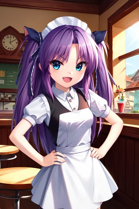 zPDXL2, rating_safe, source_anime, 4k quality, detailed background, detailed eyes, natural lighting, restaurant, waitress uniform, hands on hips, open mouth, smile, fang, v shaped eyebrows, standing, <lora:sasasegawa-sasami-xl-05:1>, sasasegawa sasami, small breasts, long hair, purple hair, blue eyes,