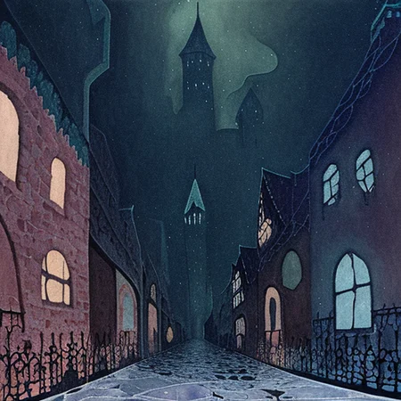 gothic city street, fairy-tale-painting-style