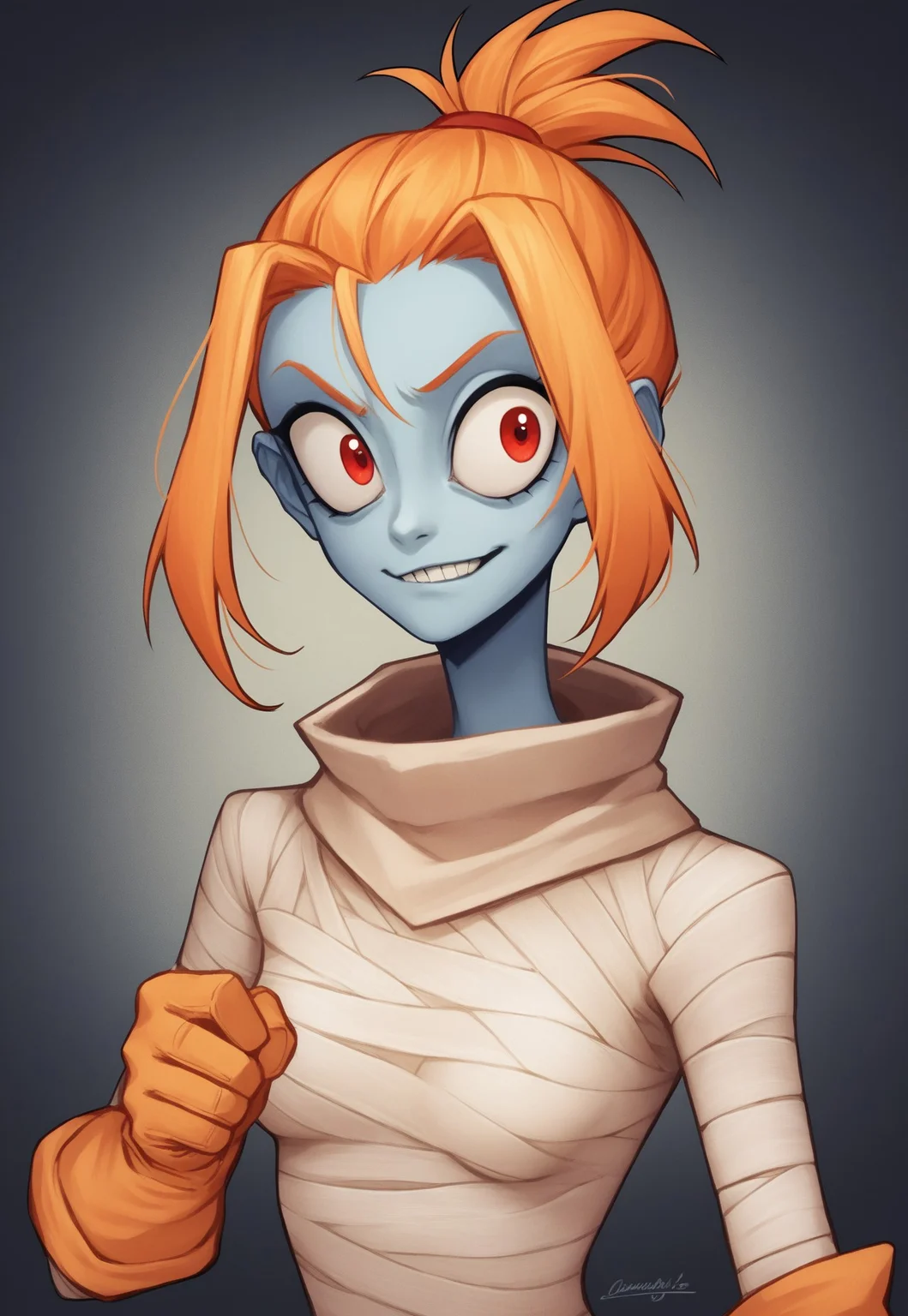 score_9, score_8_up, score_7_up, score_6_up, score_5_up, score_4_up, source_anime, BREAK, masterpiece, best quality, detailed background, 8k, 1girl, solo, Mel, blue skin, colored skin, red eyes, big eyes, orange hair, ponytail, topknot, white bodysuit, bandages, orange gloves, smirk, teeth, breasts, dark background, half body, staring at viewer, no pose