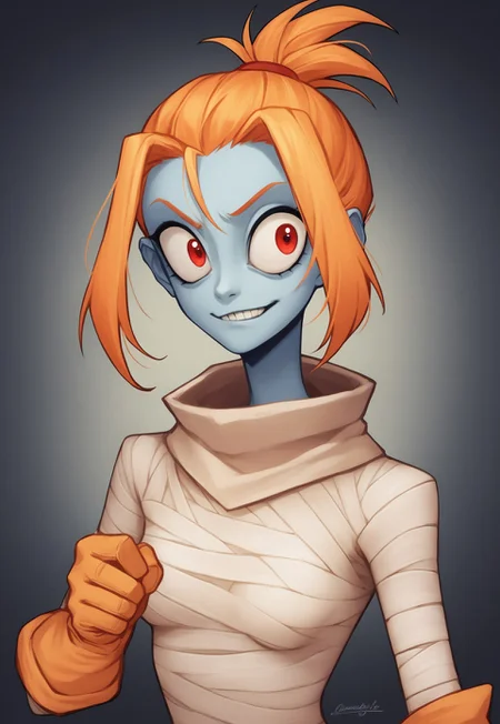 score_9, score_8_up, score_7_up, score_6_up, score_5_up, score_4_up, source_anime, BREAK, masterpiece, best quality, detailed background, 8k, 1girl, solo, Mel, blue skin, colored skin, red eyes, big eyes, orange hair, ponytail, topknot, white bodysuit, bandages, orange gloves, smirk, teeth, breasts, dark background, half body, staring at viewer, no pose