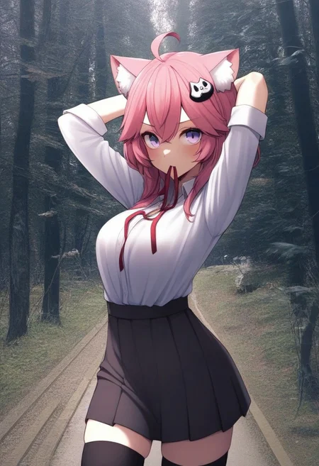 masterpiece,best quality,amazing quality, PHTBG, photo background, 1girl, animal ears, virtual youtuber, solo, thighhighs, cat ears, skirt, shirt, outdoors, black thighhighs, photo background, pink hair, hair ornament, animal ear fluff, white shirt, looking at viewer, purple eyes, tree, black skirt, cat hair ornament, ahoge, arms behind head, red ribbon, forest, ribbon, zettai ryouiki, bangs, mouth hold, breasts, arms up