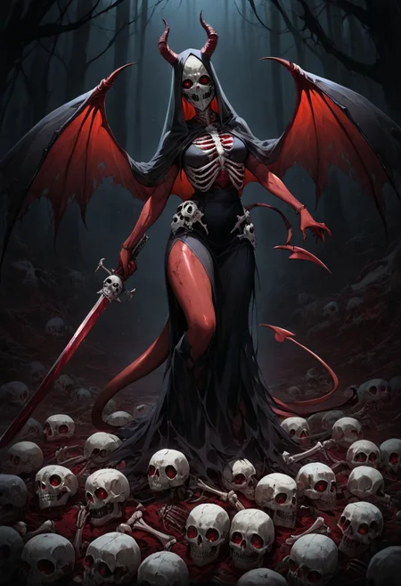 masterpiece, best quality, newest, absurdres, highres, DPWSV1.0, dynamic pose, holding sword, holding, holding weapon, weapon, sword,
1girl, red skin, red colored skin, demon girl, succubus, demon horns, horns, demon wings, demon tail, wings, horror (theme), monster girl, skull, skull mask, bones, skeleton, veil, veiled face, mask,