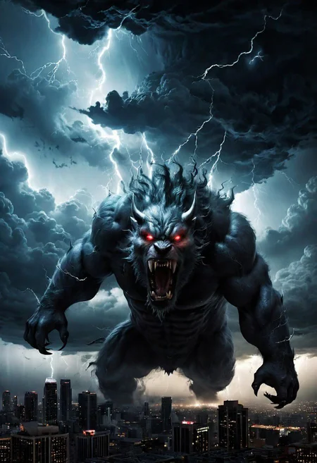 black clouds, rain, lightening, dark, night, ( beast appears from the rolling cloud), The beasts looks down as he towers above the city below, DEVIL SPAWN