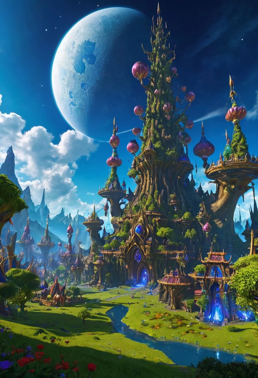 (masterpiece:1.5), unreal 8k wallpaper, unity 8k wallpaper, score 9, score 8 up, score 7 up, masterpiece_portrait, extreme quality, reflection, surface reflection, dynamic lighting, Cinematic style, cinematic quality, ((no humans, no people)), photorealistic, realistic, a spectrum of iridescent colors, precise, fractal design, flowing curves, precision, colorful, fractal geometry, harmonic interference, digital illustration, photo manipulation, altered realities, fantastical scenes, digital artistry, striking visuals, sharp focus, detailed background, light reflection, mystical, fantasy, A huge open valley in Warcraft, in the center of the valley is (massive Warcraft City), the (massive Warcraft City) has been here for a very long time, strange alien foliage has started to grow over it, when  this (massive Warcraft City) was built no one knows it has long been forgotten, beautiful blue skies majestic clouds, strange fantasy trees dot the landscape, in the sky you can see a beautiful moons is all inspiring and a little frightening, the valley is also covered in beautiful fantasy flowers and fantasy trees, no life can be seen anywhere, 3D, metallic reflection, massive Warcraft City, the enormous (World of Warcraft), (extremely high fantasy), snow