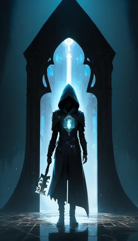 A hooded figure stands in front of a dark portal, holding an old key that glows with an otherworldly light as they prepare to enter the unknown realm beyond, cinematic scene, scenery, detailed background, masterpiece, best quality, high quality, highres, absurdres, very detailed, high resolution, sharp image, 8k, vivid, colorful, stunning, arcane style <lora:arcance_style_xl_v1:1>