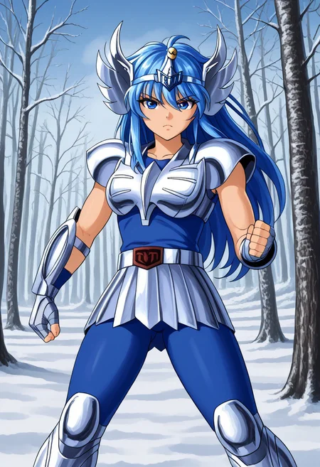1girl, solo, yugioh eria, blue eyes, blue hair, eyes visible through hair, swan circlet, silver pauldrons, silver armor, fingerless silver gauntlets, circle plated vambrace, belt, silver tassets, blue pants, silver greaves, blue undershirt, belt buckle, outdoors, forest, snow, cowboy shot, serious, dynamic pose