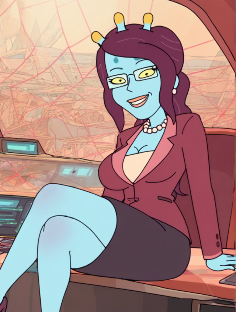 <lora:UnityPony1.1:1> unity, 1girl, blue skin, jewelry, long hair, solo, glasses, pearl necklace, suit, yellow eyes, colored sclera, formal, pencil skirt,spacecraft,  medium breasts,smile, looking at viewer,  monster girl, antennae, earrings, purple hair, breasts, score_9, score_8_up, score_7_up, score_6_up, score_5_up, score_4_up