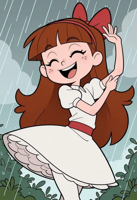 masterpiece, best quality, good quality, little girl, angel, shortstack, 1girl, solo, freckles, blue eyes, eyelashes, perfect eyes, long hair, brown hair, straight bangs, red hairband, red hairbow, white dress, white collared dress, short sleeves, puffy sleeves, red belt, big white skirt, white petticoat, white pantyhose, silver shoes, dancing, eyes closed, smile, open mouth, outdoors, rain, cowboy shot, upper body,