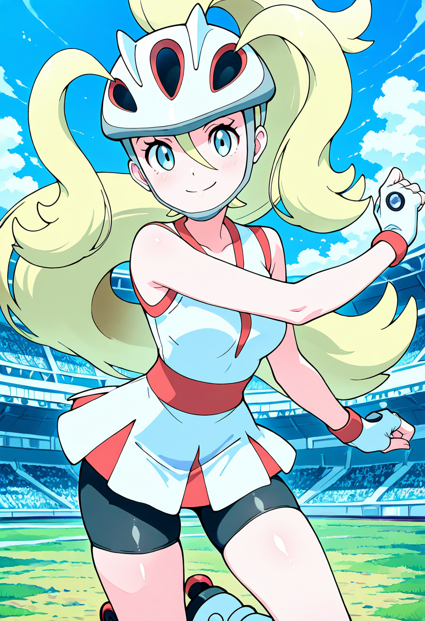 masterpiece, best quality, 1girl, solo, eyelashes, (beautiful eyes), shiny skin, looking at viewer, smile, zzKorrina, blue eyes, hair between eyes, blonde hair, long hair, ponytail, hair between eyes, two side up, white gloves, fingerless gloves, white dress, bare arms, sleeveless dress, black shorts, short dress, helmet, grass, high ponytail, bike shorts, roller skates, shorts under dress,   <lora:KorrinaPokemon_IXL_v1:1.0>, over-the-top expression, exaggerated pose, dynamic, cowboy shot, looking at viewer,