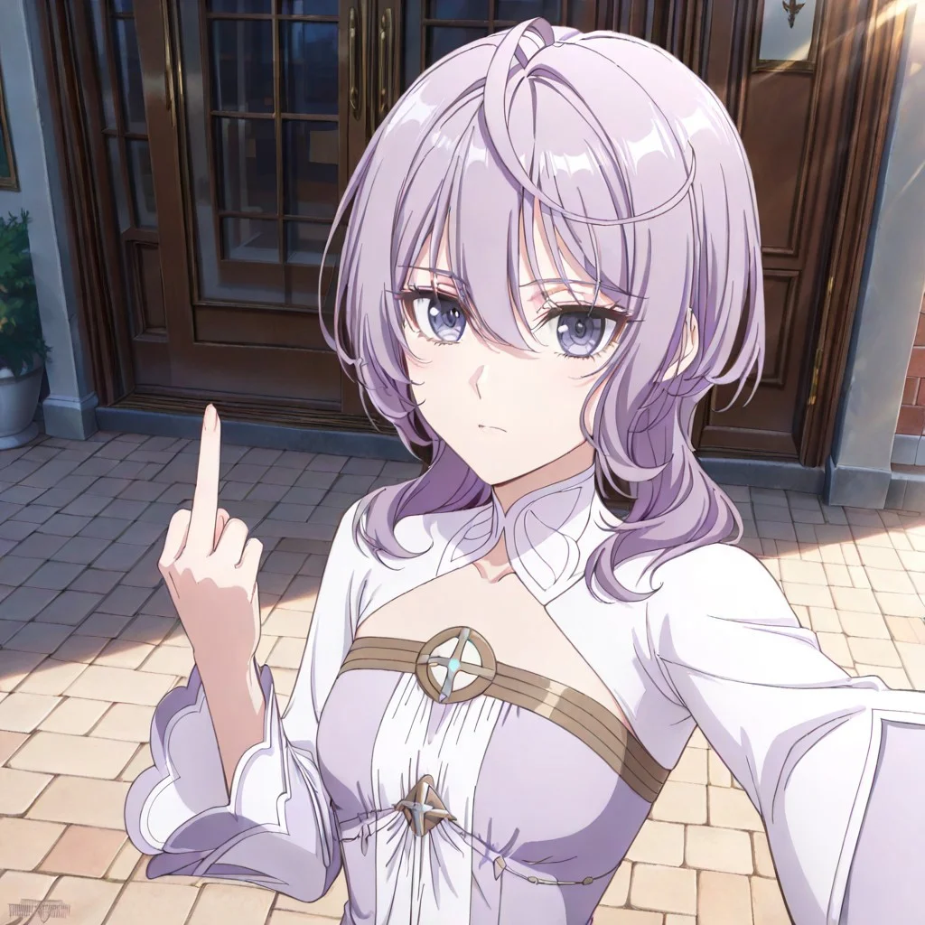 score_9, score_8_up, score_7_up, dynamic view, eye_focus, solo, looking_at_viewer, 1girl,
masterpiece, best quality, bokeh, luminescent background,
( philiaa denauer, purple hair, ahoge, long hair, blunt bangs, hair over shoulder, hair betveen eyes, purple eyes, small breasts, closed mouth, serious face, dress, two-tone dress, purple dress, white dress, sidelocks, long sleeves, white shoes,
),
outdoors, storefront, selfie, outstretched arm, taking picture, reaching towards viewer, upper body, looking at viewer, middle finger
