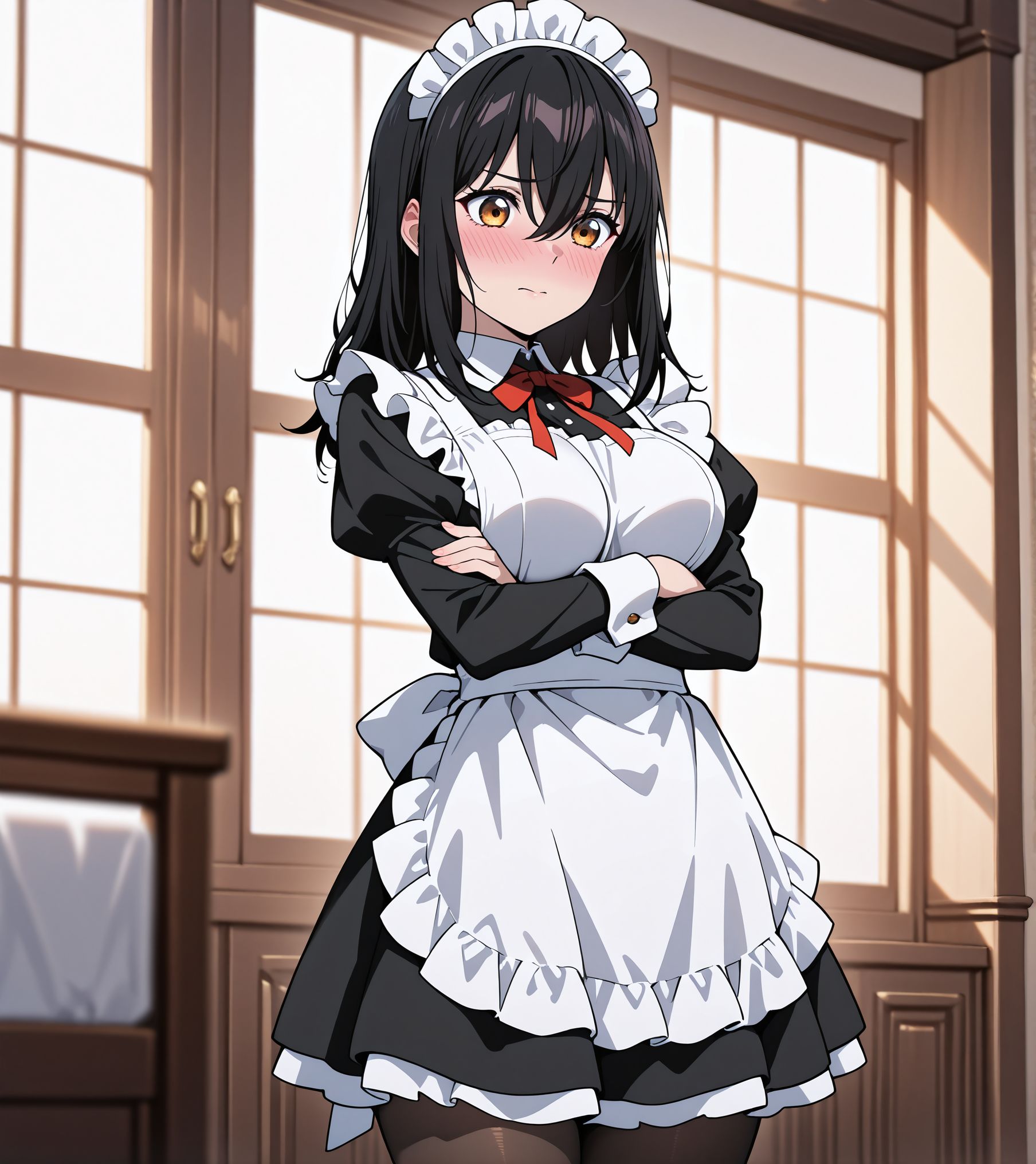 masterpiece,best quality,amazing quality,very aesthetic,absurdres,newest, huge filesize,
<lora:spo_sdxl_10ep_4k-data_lora_webui:0.5>,<lora:add-detail-xl:1>. flat color, anime screenshot,  volumetric lighting, depth of field,
crossed arms,
<lora:maid classic_illustrious_V1.0:0.8> maid, maid apron, maid headdress, puffy sleeves, pantyhose,
BREAK
 blushing, yukina,sexy, large breasts, 
<lora:illustrious_XL_yukina:0.9>