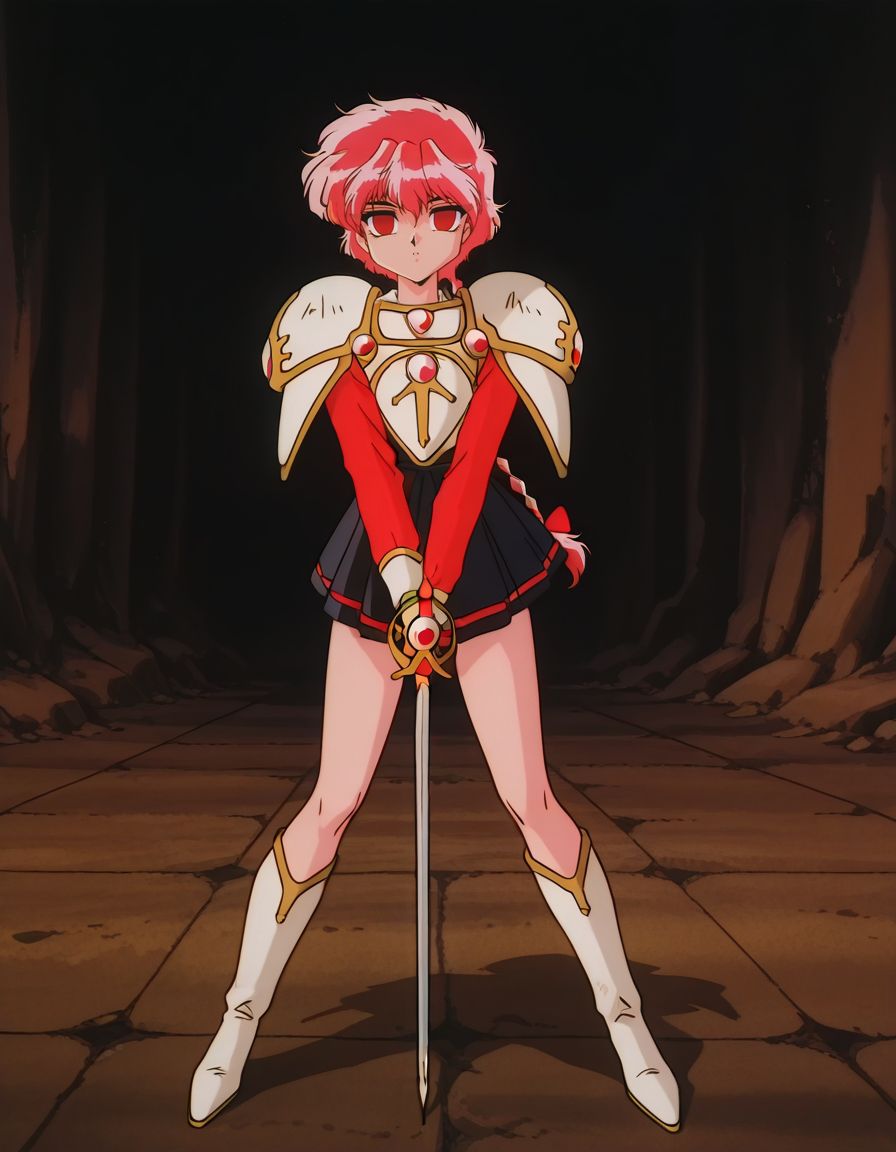 masterpiece, best quality, full body, female focus, solo, empty eyes, mind control, black skirt, holding a rapier, 
 <lora:Hikaro:1>, hikar0, 1girl, red eyes, black eyes, pink hair, short hair, retro artstyle, single braid, pauldrons,