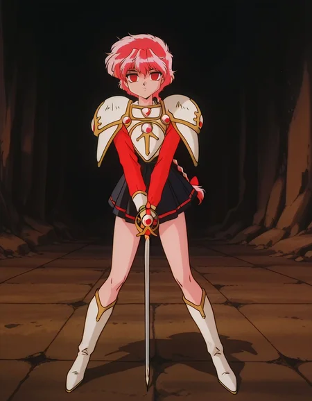 masterpiece, best quality, full body, female focus, solo, empty eyes, mind control, black skirt, holding a rapier,
<lora:Hikaro:1>, hikar0, 1girl, red eyes, black eyes, pink hair, short hair, retro artstyle, single braid, pauldrons,