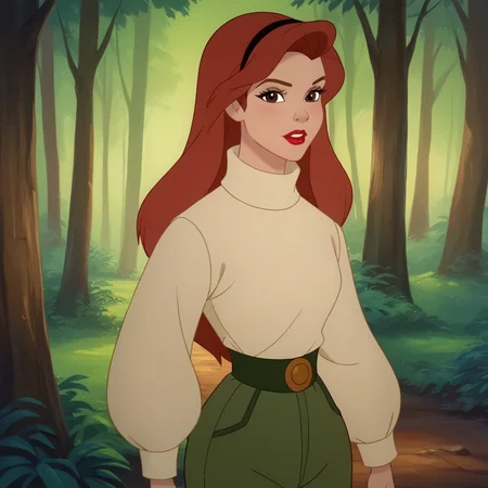 Ugly score_8_up, score_7_up, BREAK, DonBluth, 1girl, solo, red hair, long hair, brown eyes, lipstick, turtleneck sweater, pants, cowboy shot, looking at viewer, forest, <lora:DonBluth_PXL_Leaf3:1>