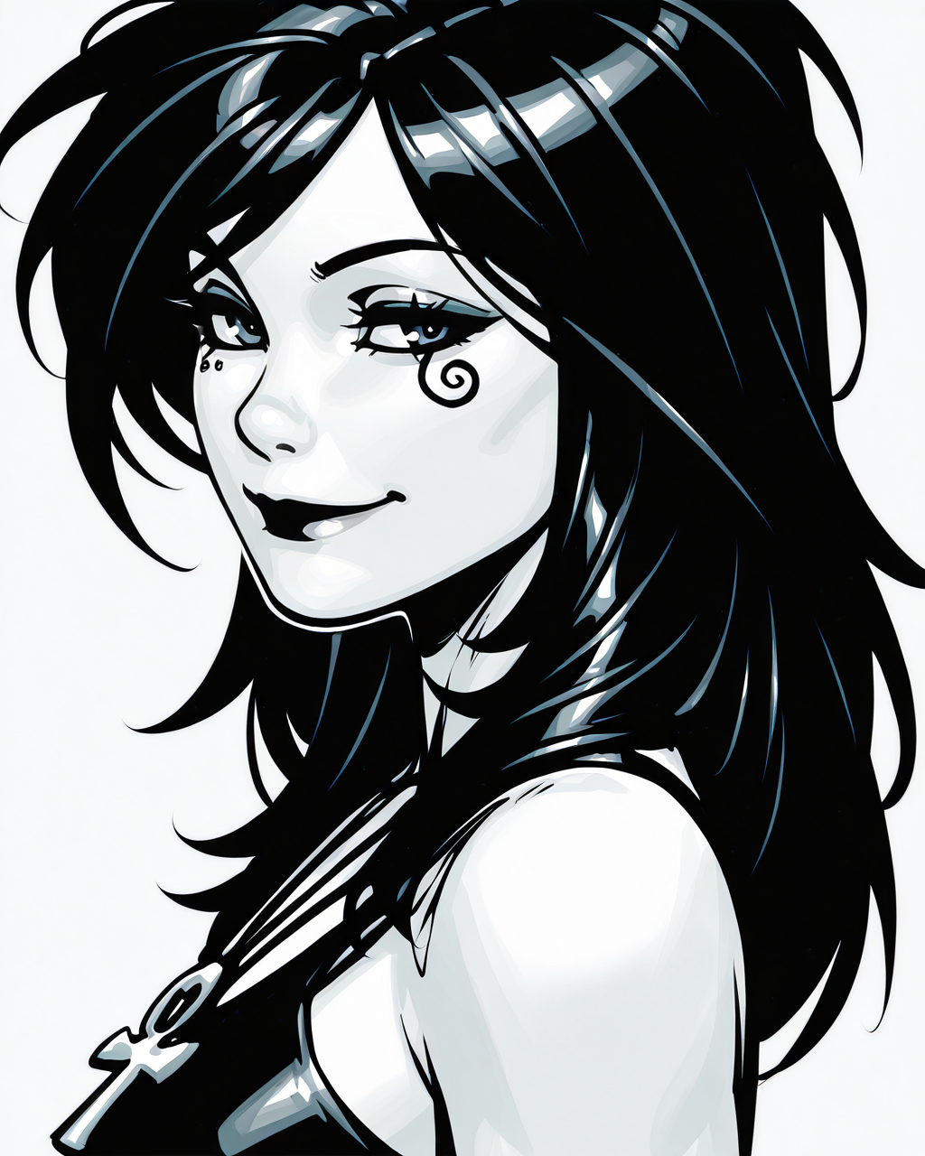masterpiece, best quality, absurdres, perfect quality, absolutely eye-catching,   <lora:ChrisBachaloIllus:1> bachalo,  <lora:Death of the EndlessilluLoRA:0.8> dethofend, pale skin, colored skin, long hair, ankh necklace, tank top, 1girl, solo, smile, looking at viewer, tattoo under eye, portrait, black hair, monochrome, from side,