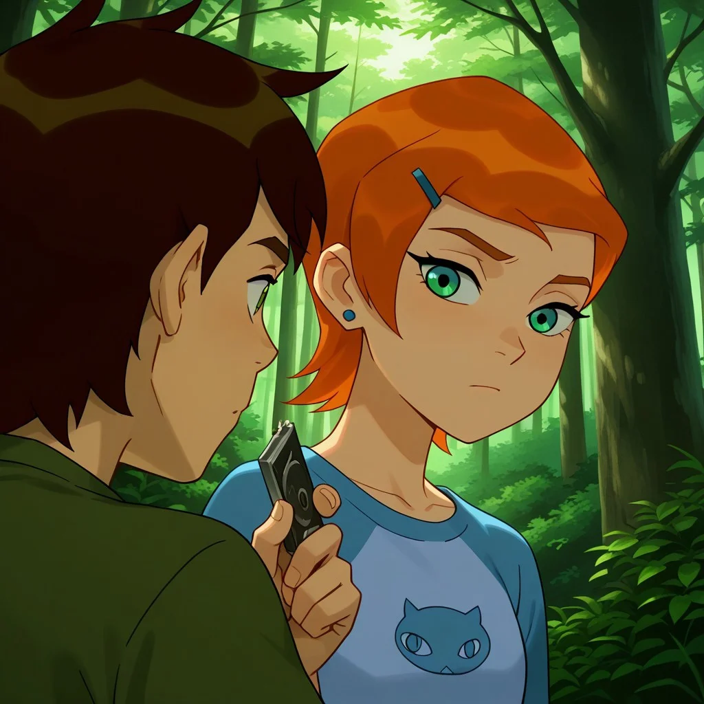 masterpiece, best quality, ben_w_gwen, (1boy, ben_t, brown hair, green eyes), break, (1girl, gwen_t, orange hair, green eyes), upper body focus, looking at another, forest